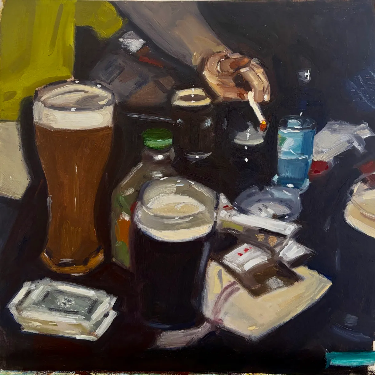 Oil painting of beers, bottles, cigarettes, and an ashtray on a table.