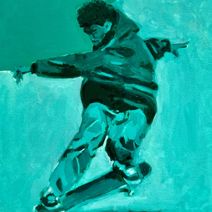 Oil painting of a skateboarder grinding on a rail in turquoise tones.
