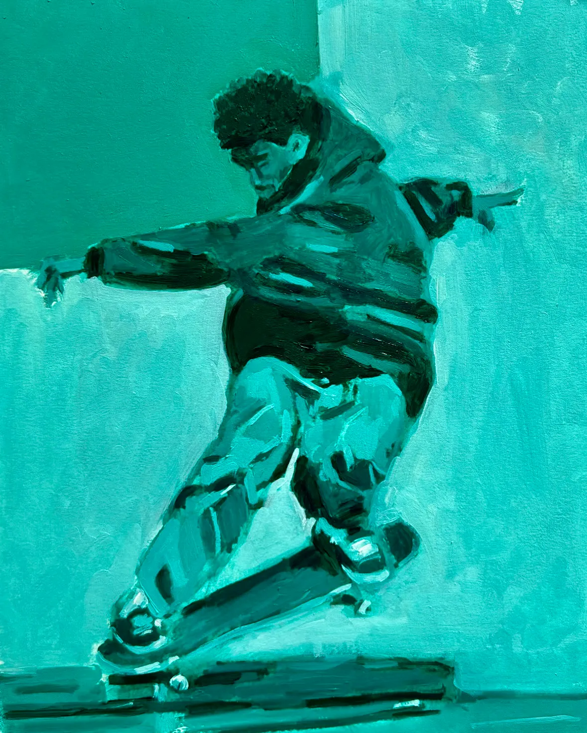 Oil painting of a skateboarder grinding on a rail in turquoise tones.