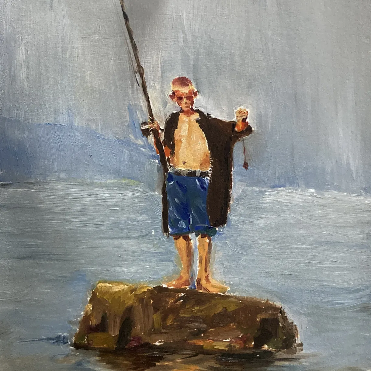 Oil painting of a child holding a fishing rod by the water.