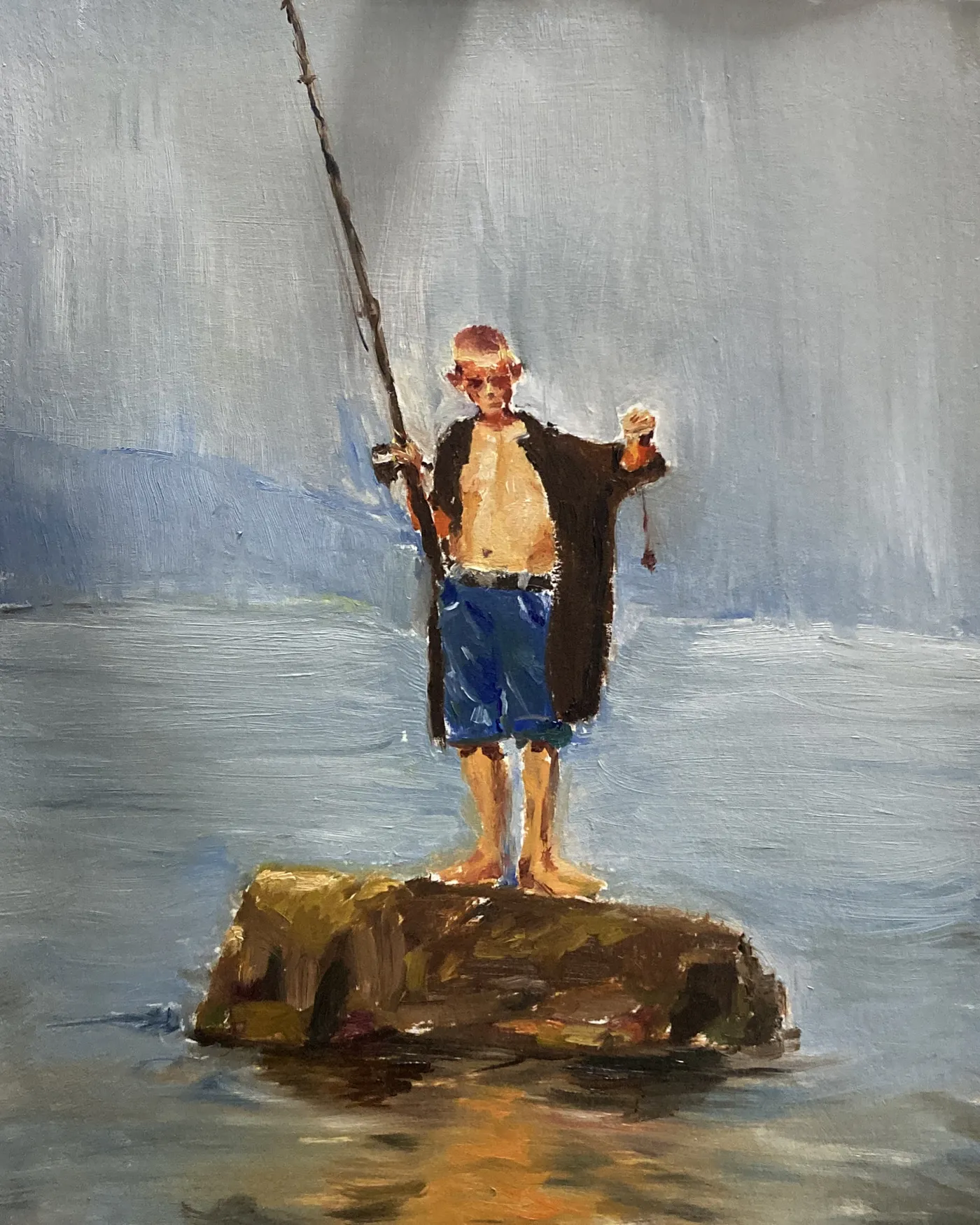 Oil painting of a child holding a fishing rod by the water.