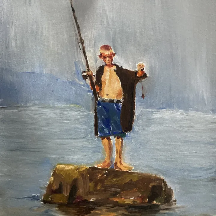 Oil painting of a child holding a fishing rod by the water.