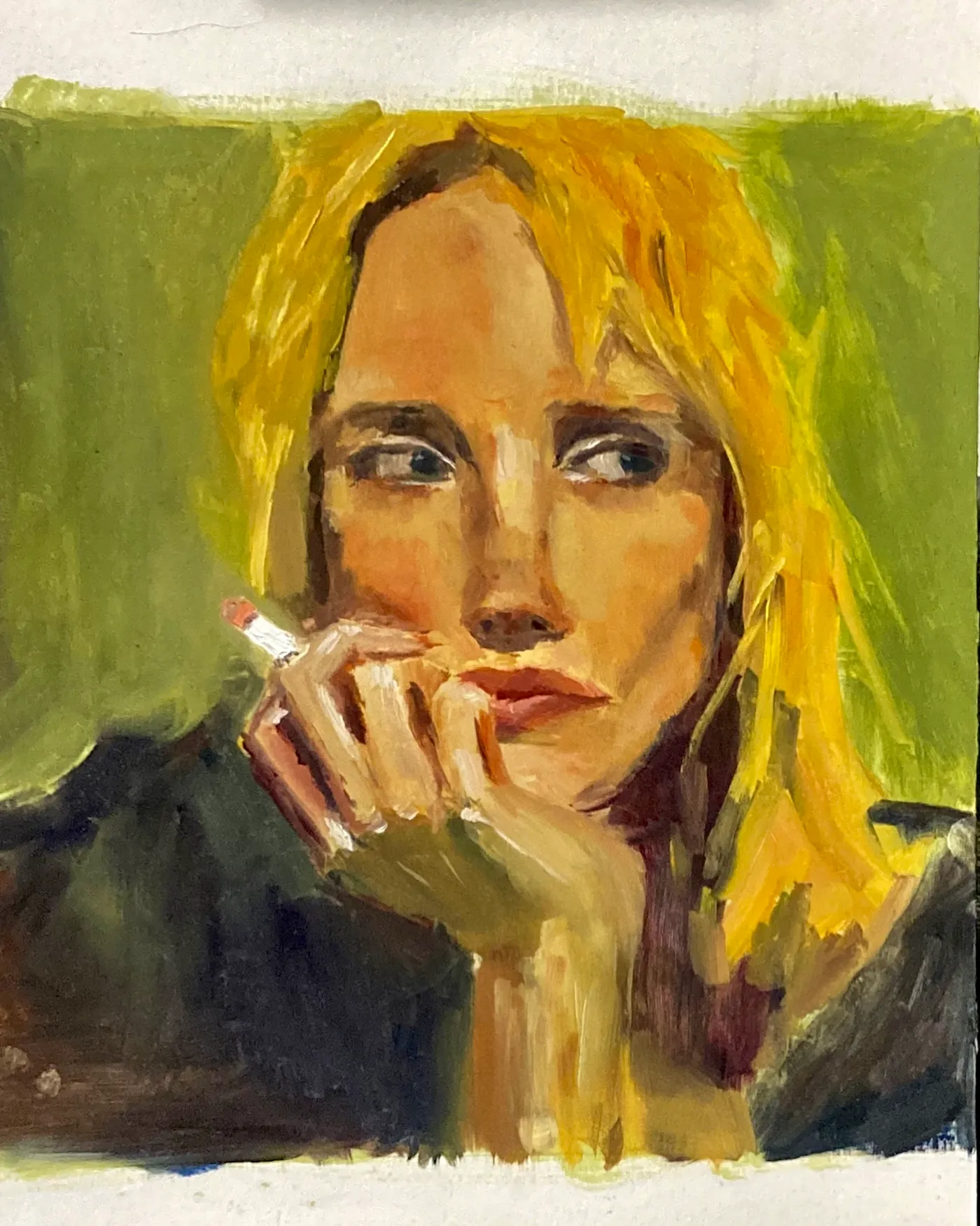 Oil painting portrait of a blonde woman against a green background.
