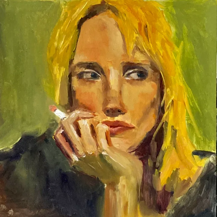Oil painting portrait of a blonde woman against a green background.