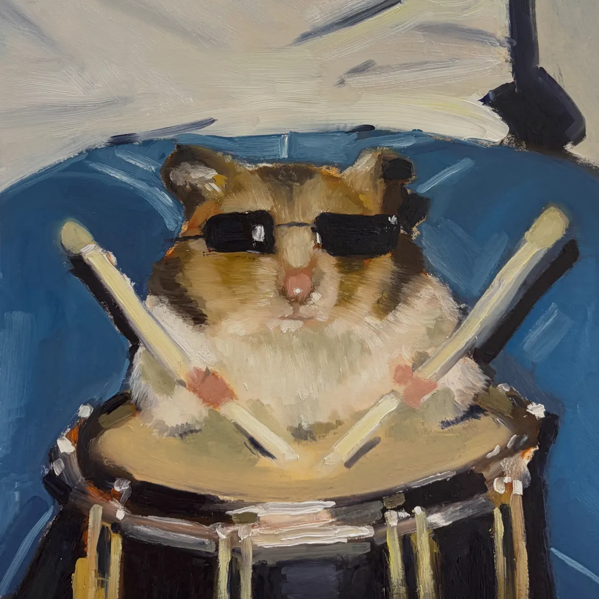 Oil painting of a drummer wearing sunglasses behind a drum kit.