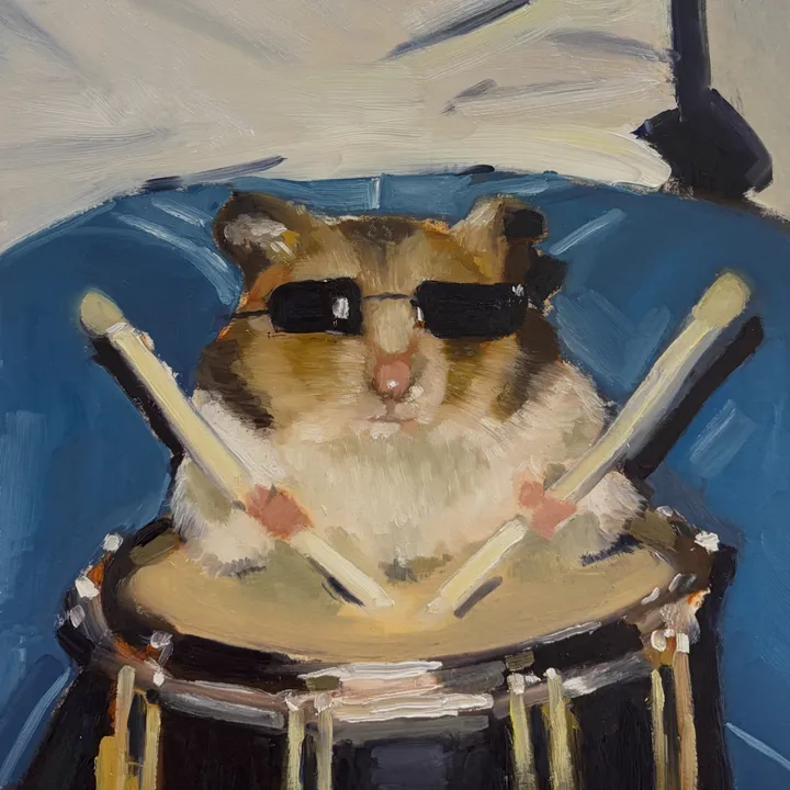 Oil painting of a drummer wearing sunglasses behind a drum kit.