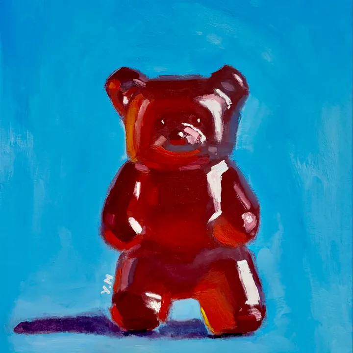 Oil painting of a red gummy bear on a blue background.