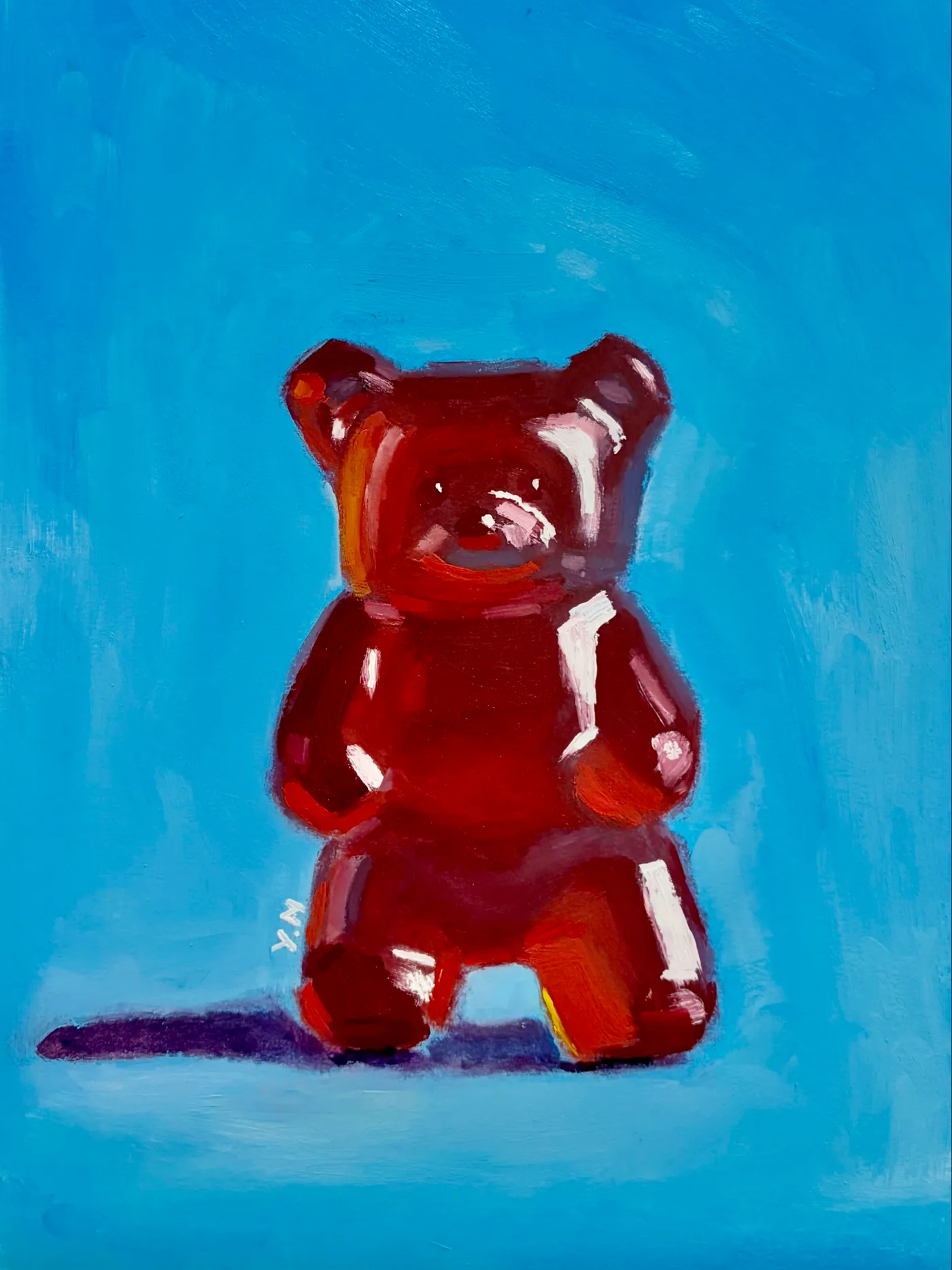 Oil painting of a red gummy bear on a blue background.