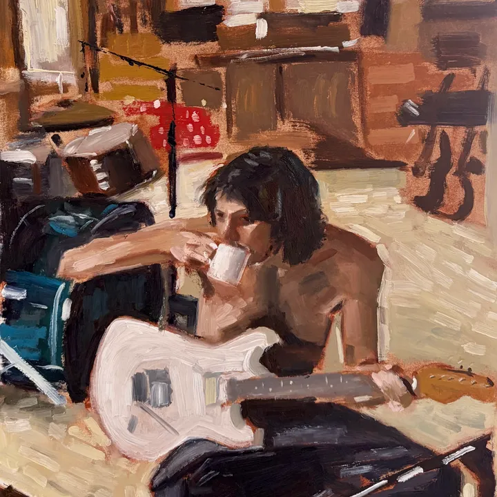 Oil painting of a person playing guitar in a music room.