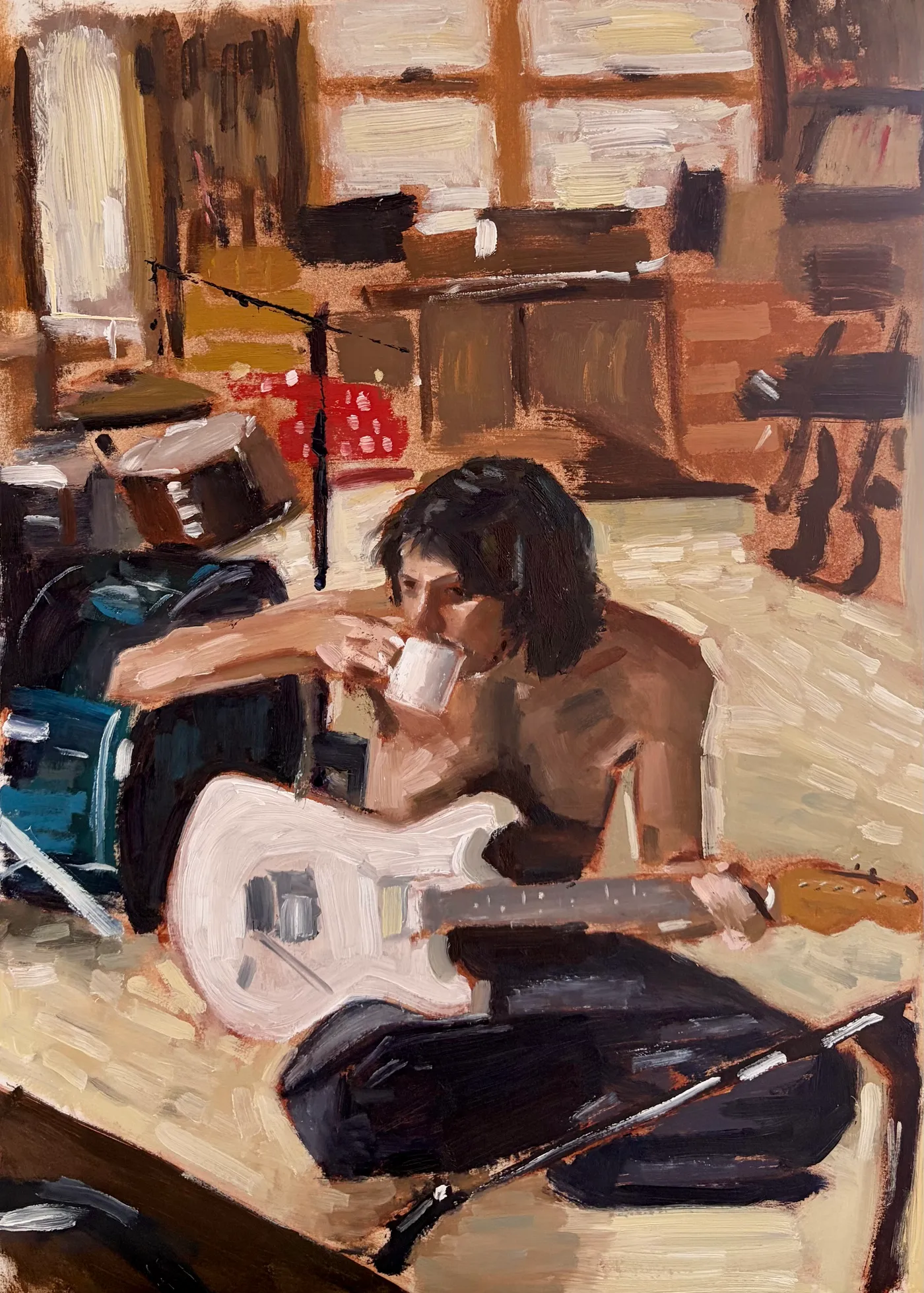 Oil painting of a person playing guitar in a music room.