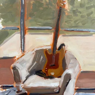 Oil painting of a bass guitar on a chair near a window.