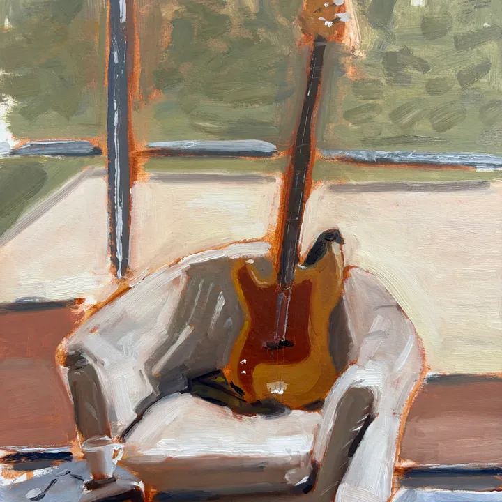 Oil painting of a bass guitar on a chair near a window.
