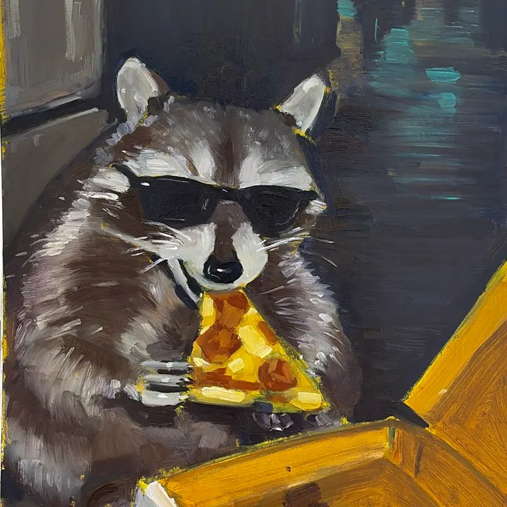 Oil painting of a raccoon wearing sunglasses and holding a slice of pizza.