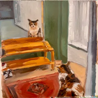 Oil painting of two cats in an interior with a table and green wall.