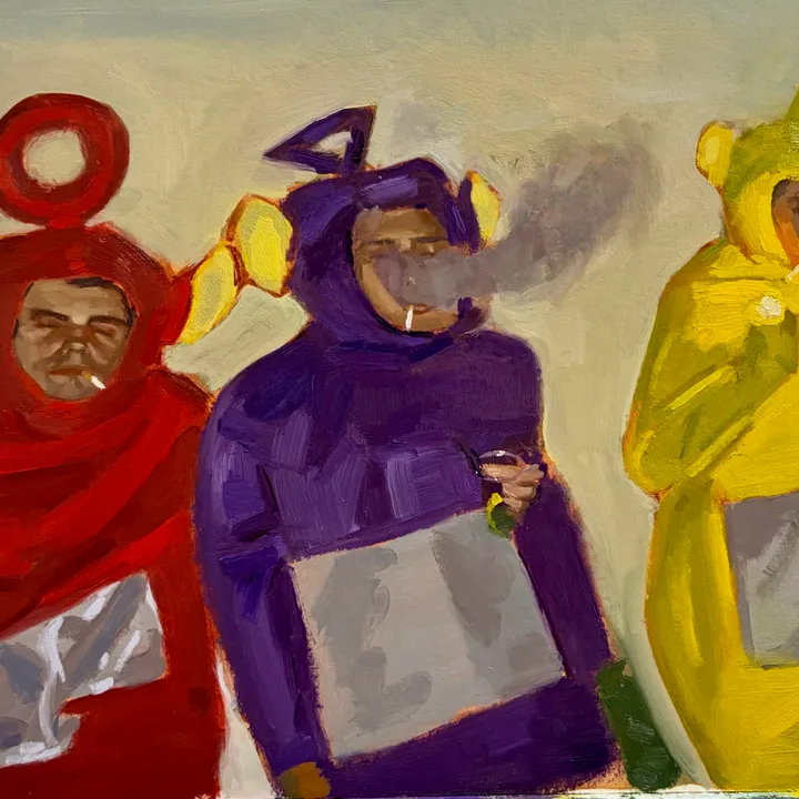 Oil painting of three figures in colorful Teletubby-like costumes smoking.